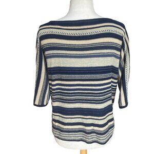 Chaps Linen Blend Striped Sweater Blue Cream 3/4 Sleeve Coastal Beach Nautical